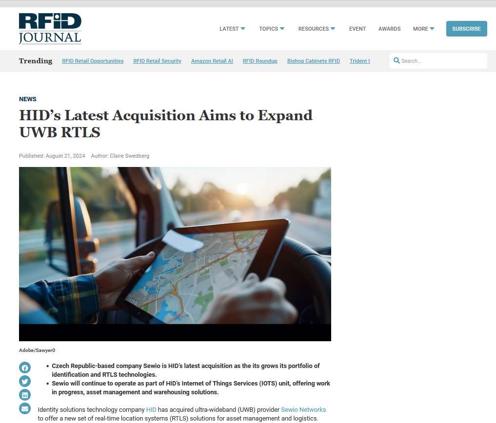 Article in the RFID Journal on HID's acquisition of Sewio